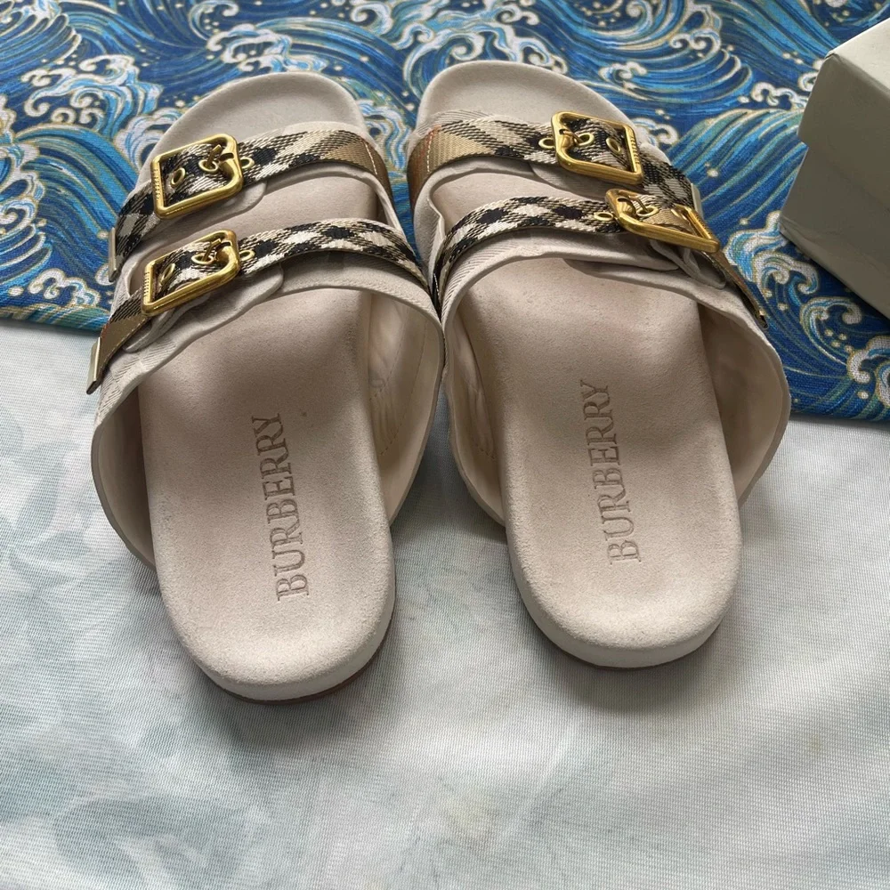 Burberry Beige Check Triple-Buckle Slide Sandals
